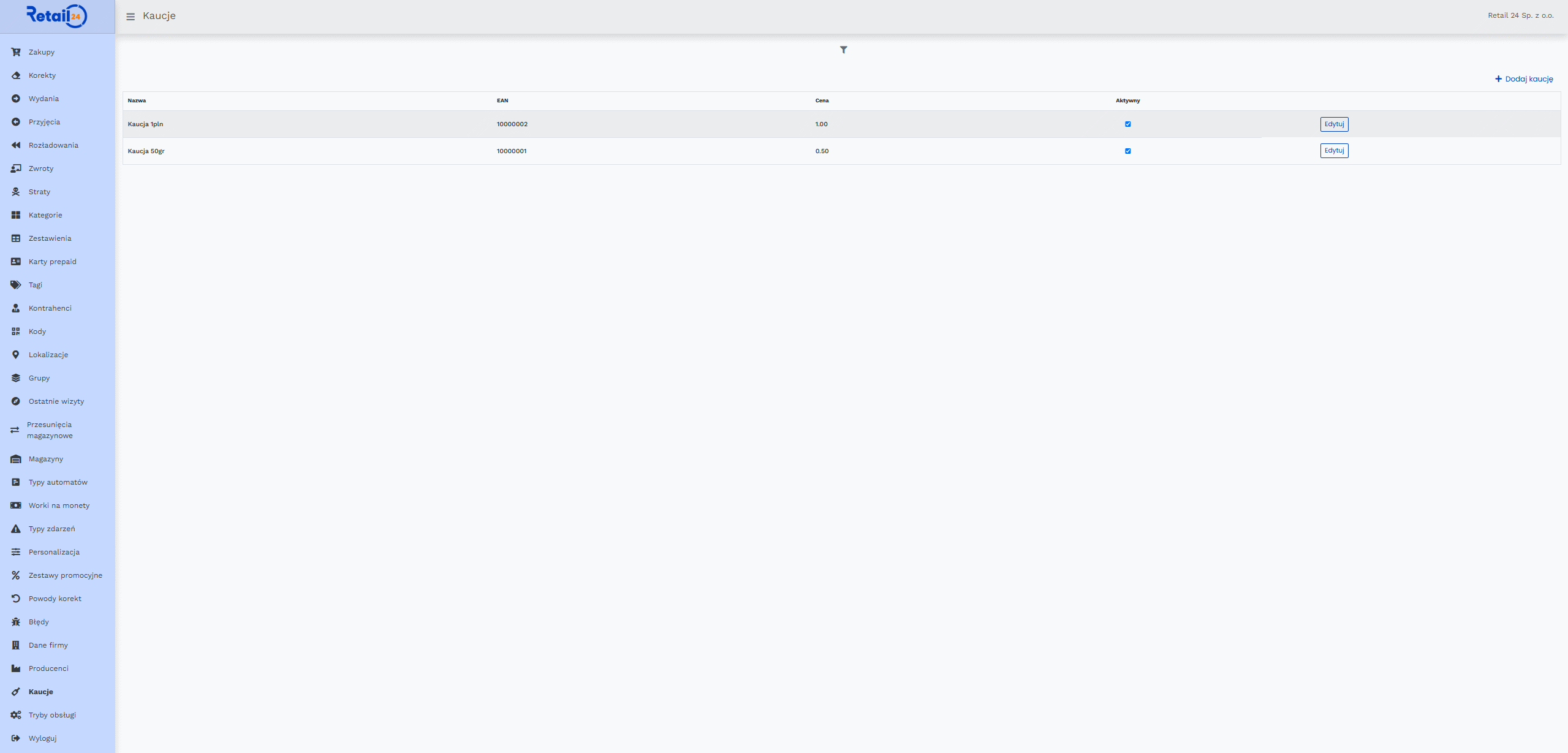 Ustawienia produktu – pole Kaucja w Dashboardzie