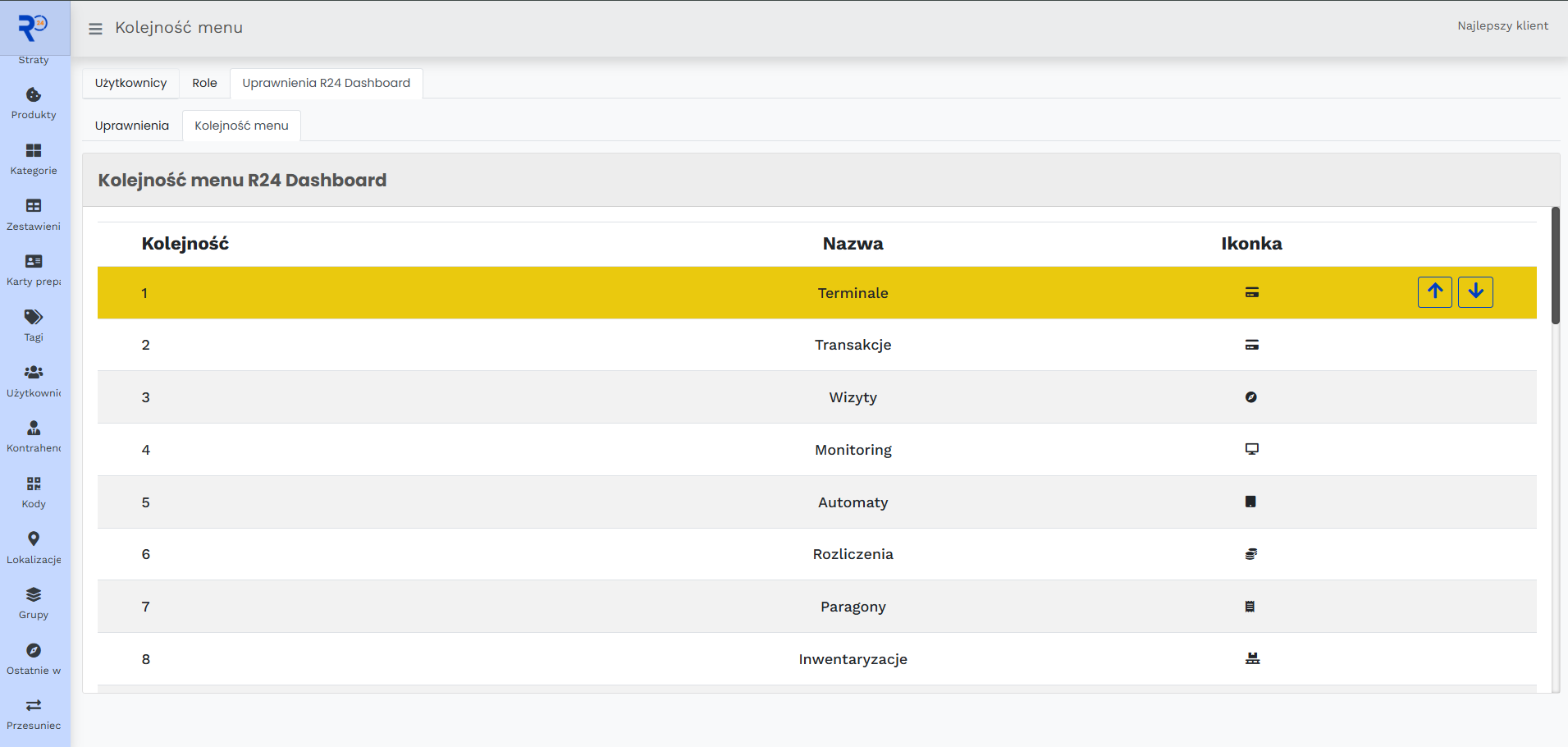 Widok: Użytkownicy → Uprawnienia R24 Dashboard → Kolejność menu