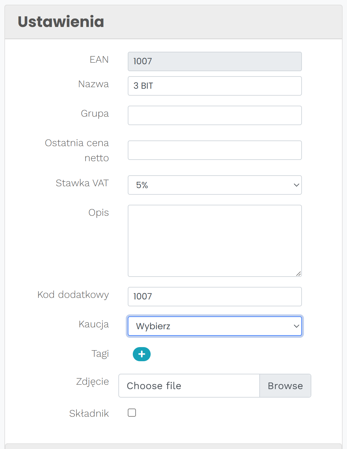 Ustawienia produktu – pole Kaucja w Dashboardzie